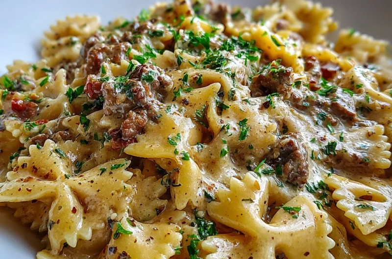 Cheesy Beef and Bowtie Pasta in Garlic Butter Recipe Card