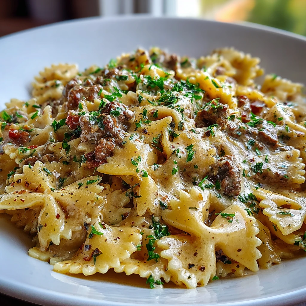 Cheesy Beef and Bowtie Pasta in Garlic Butter