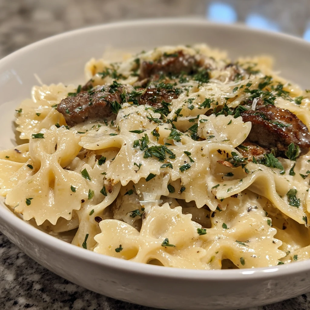 Cheesy Beef and Bowtie Pasta in Garlic Butter