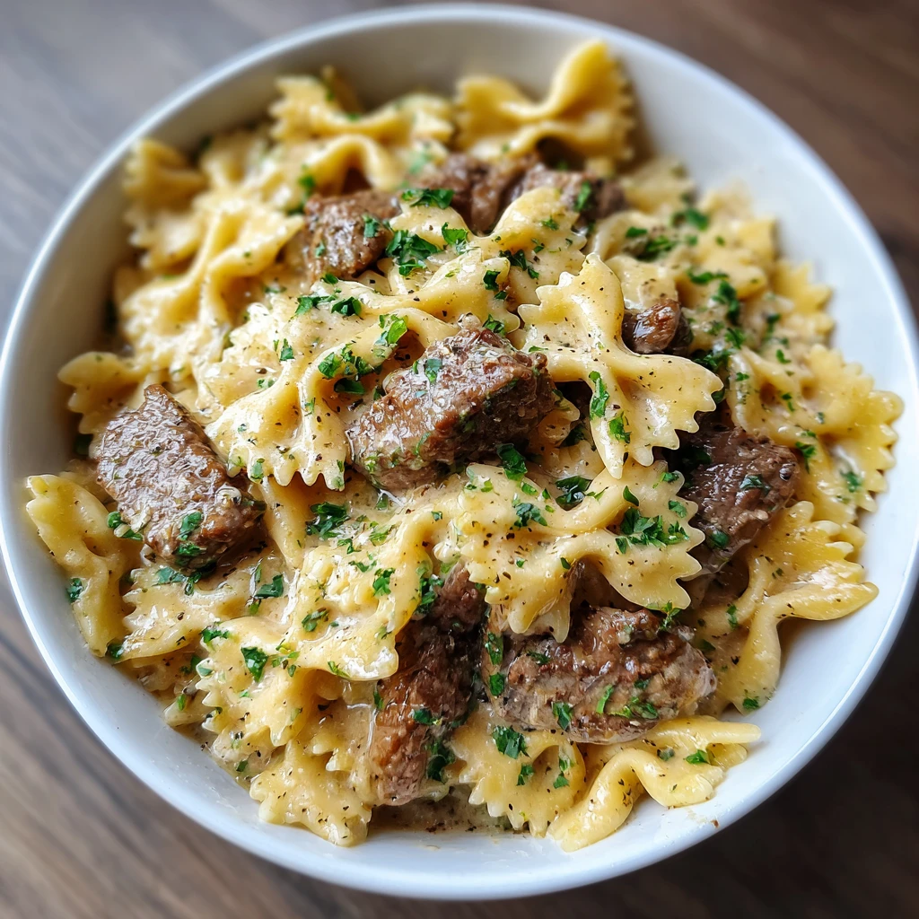 Cheesy Beef and Bowtie Pasta in Garlic Butter