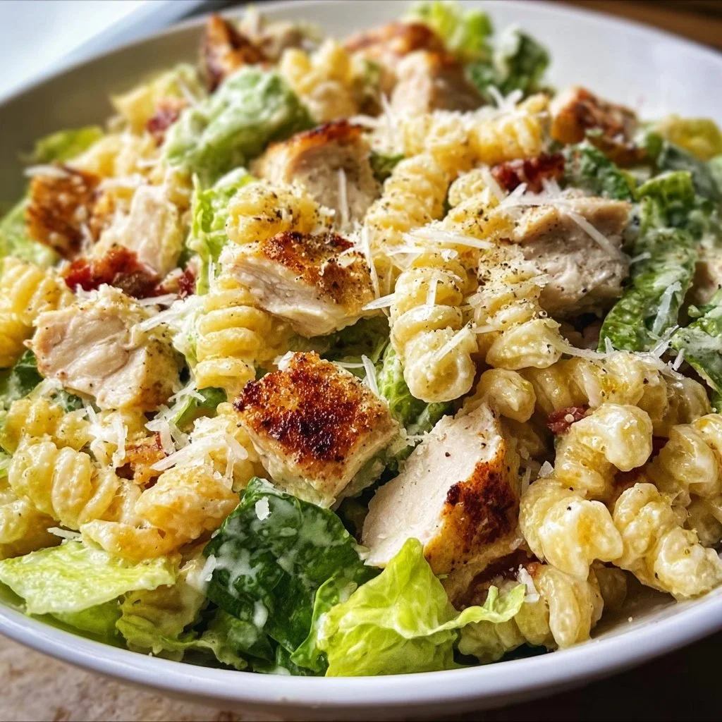 A bowl of Chicken Caesar Pasta Salad featuring chicken, romaine, and Caesar dressing.