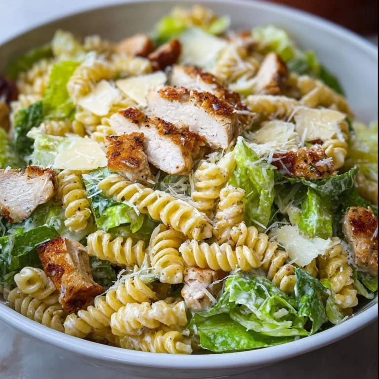Bowl of Chicken Caesar Pasta Salad with chicken, romaine, and Caesar dressing
