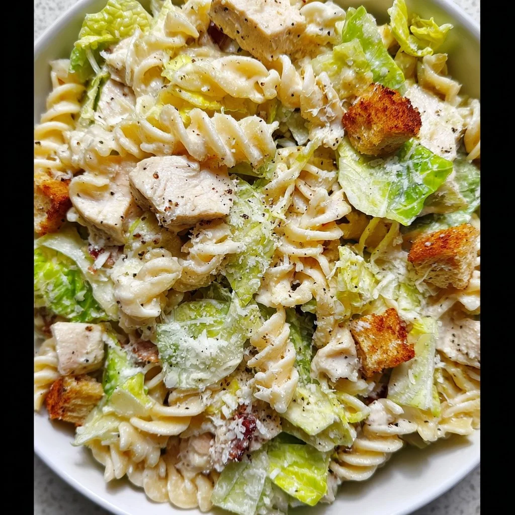 Fresh Chicken Caesar Pasta Salad with romaine, grilled chicken, and Caesar dressing