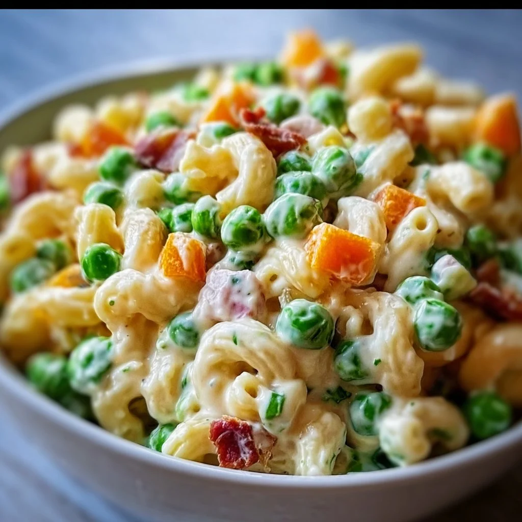 Creamy pea pasta salad with vibrant green peas and pasta in a bowl