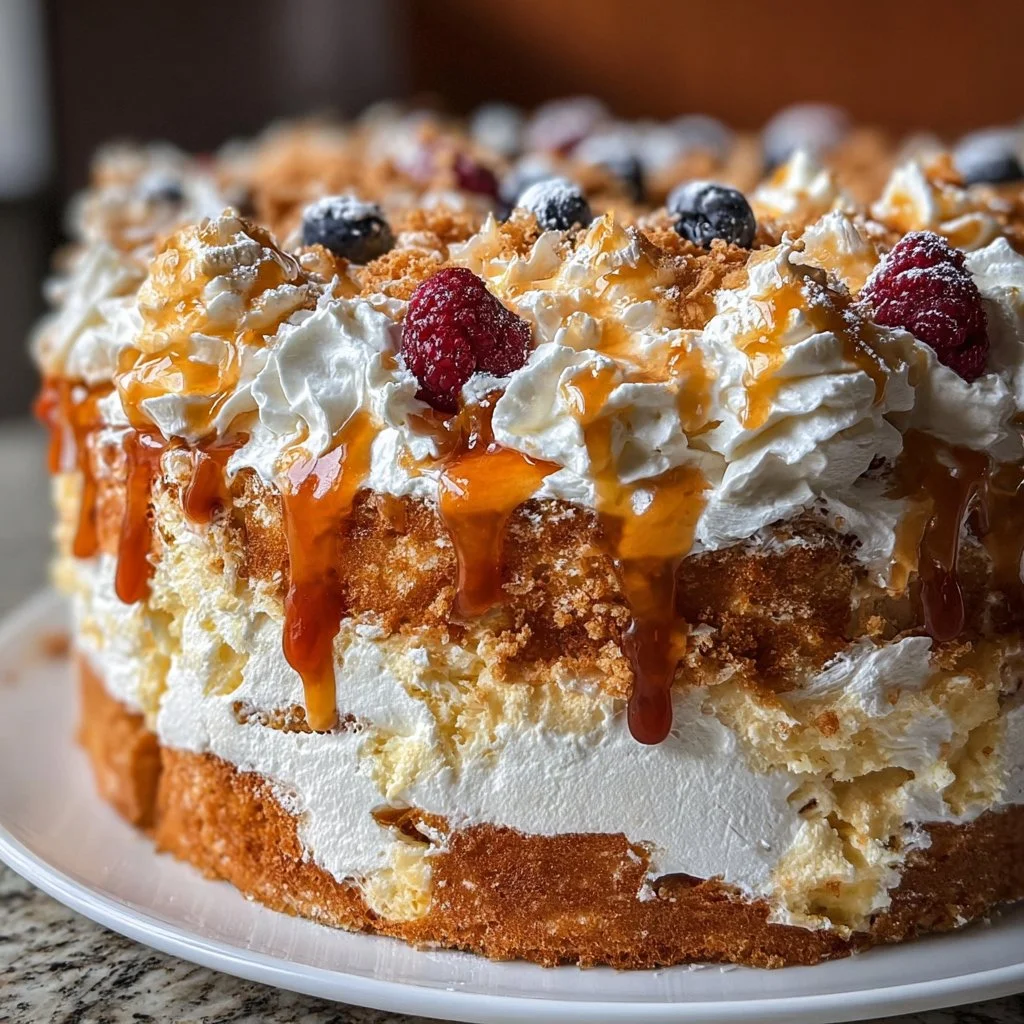 Delicious Heaven on Earth Cake, a dreamy no-bake dessert, garnished with fresh fruit.