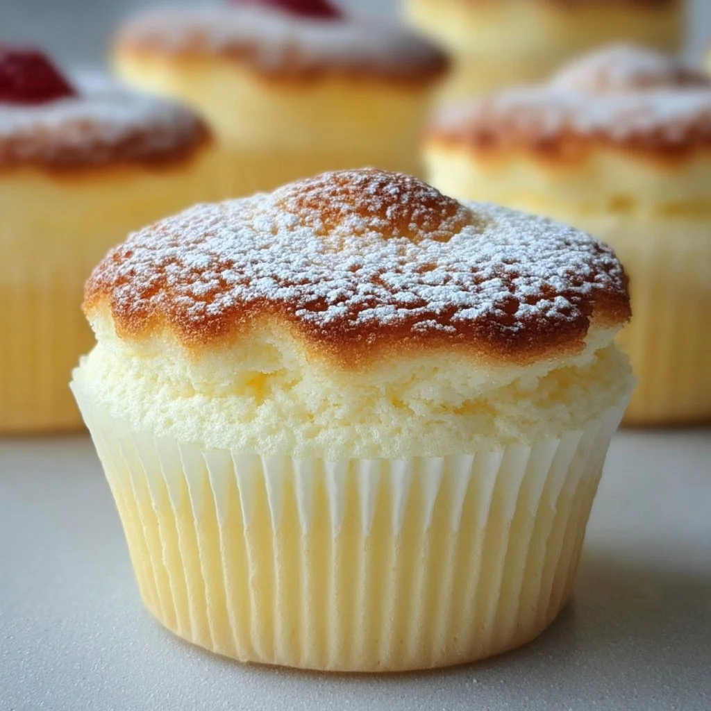 Fluffy Japanese Cotton Cheesecake Cupcakes on a plate, showcasing soft texture and light cream topping.