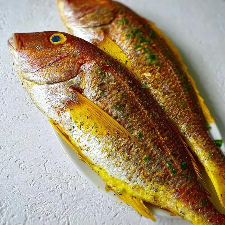 Oven baked whole yellowtail snapper garnished with herbs and lemon slices
