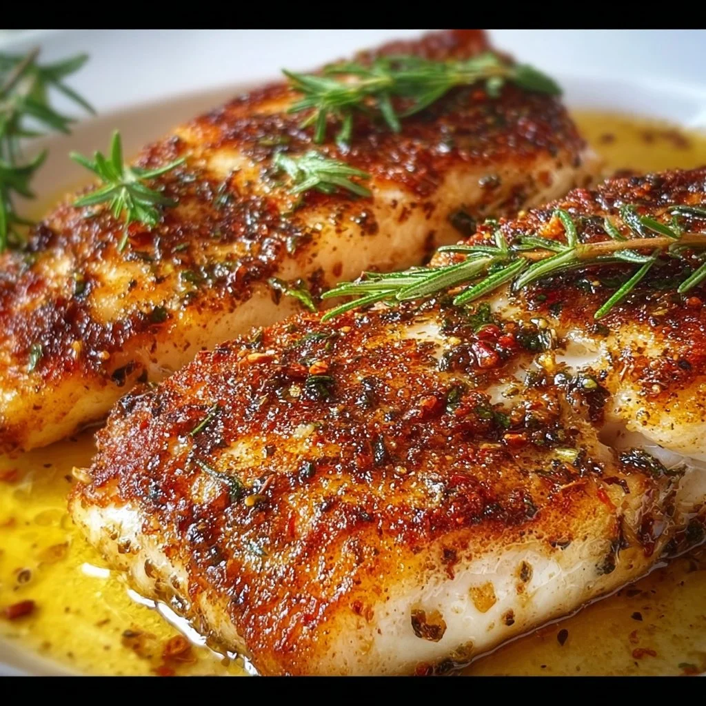 Pan-seared red snapper fillets beautifully plated with herbs and lemon.