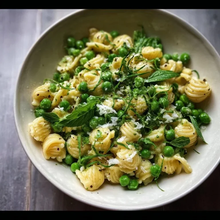 Plate of pea pasta with lemon, mint, and truffle oil garnished with fresh herbs