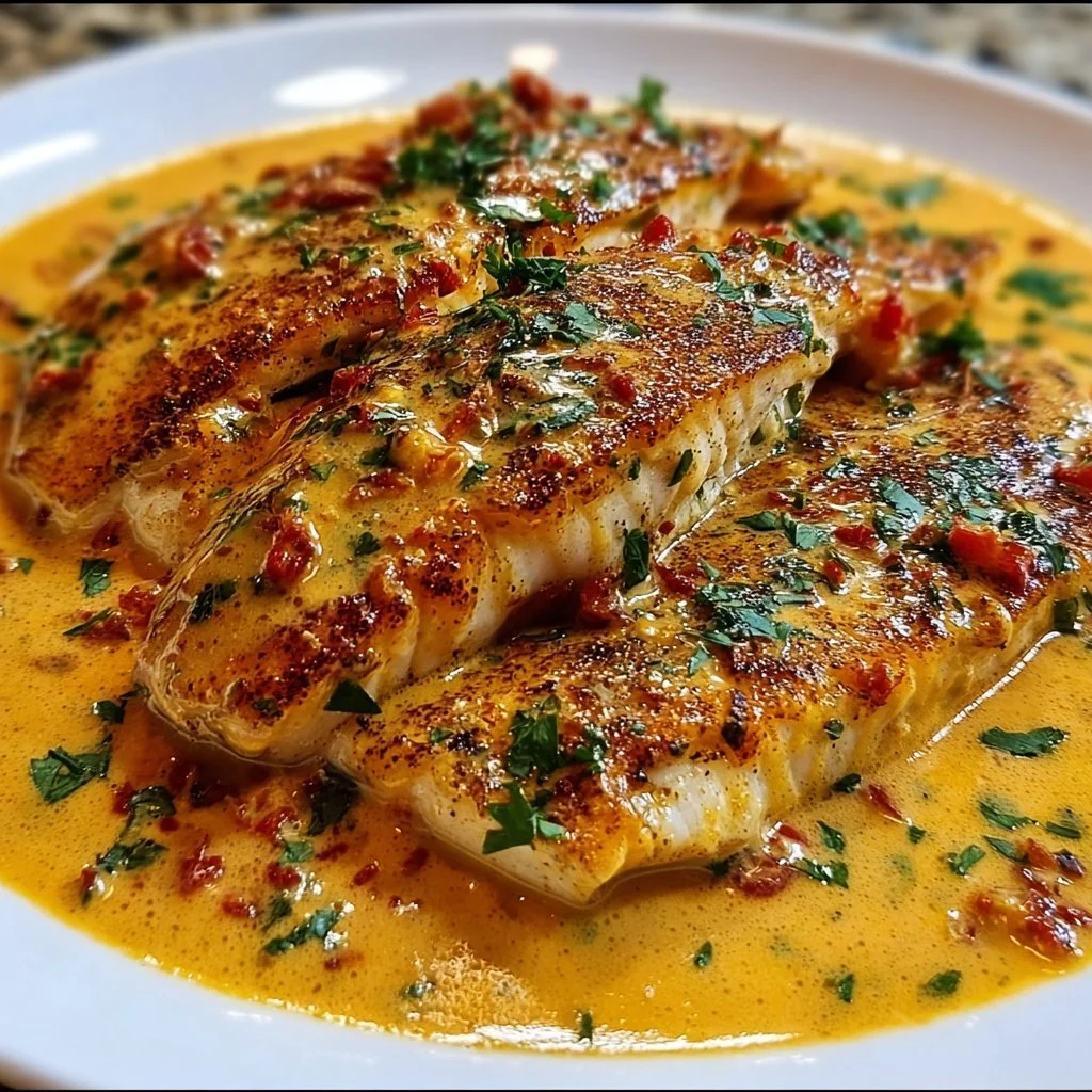Red snapper fillet served with creamy Creole sauce on a plate