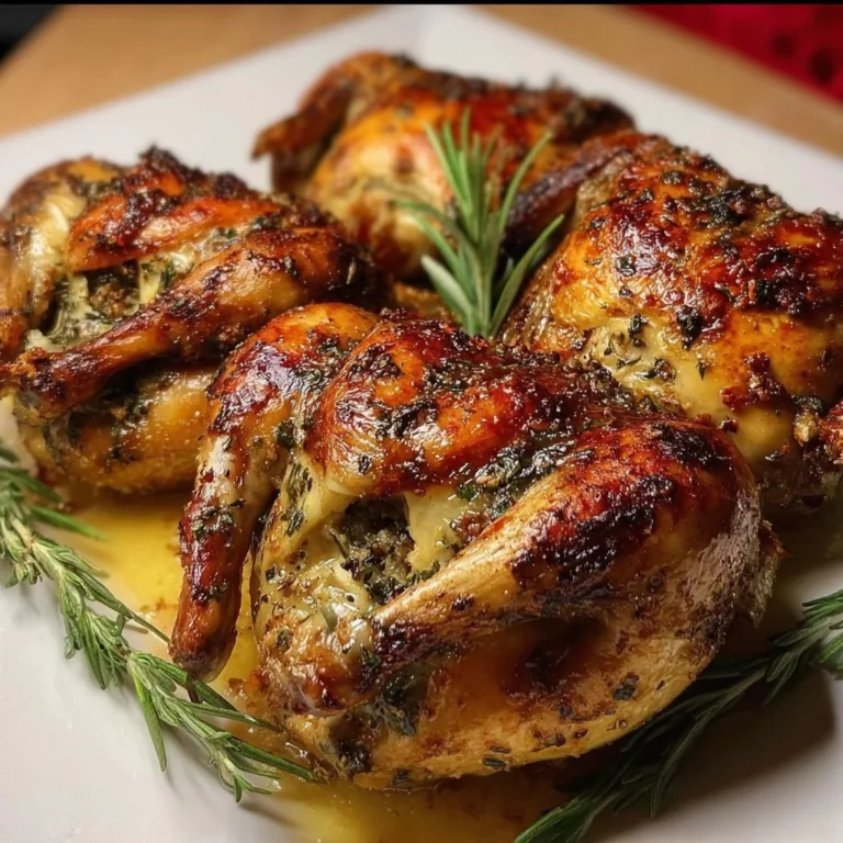 Roast Cornish hens filled with fresh herbs on a serving platter.