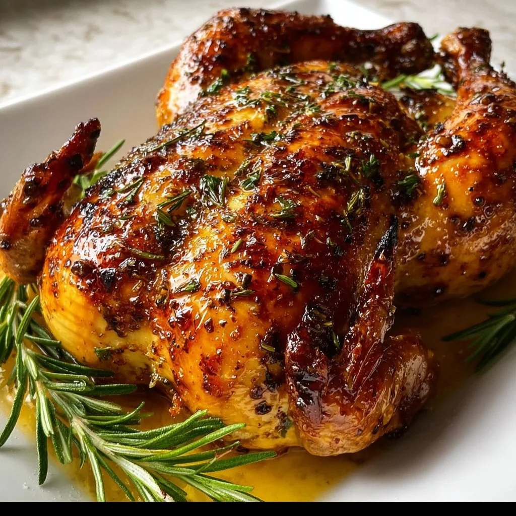 Perfectly roasted Cornish hens in the oven with herbs and spices.