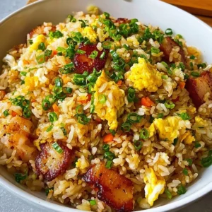 A bowl of Bang Bang Fried Rice with vibrant vegetables and garnishes
