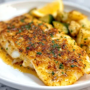 Delicious baked orange roughy served on a plate with lemon and herbs