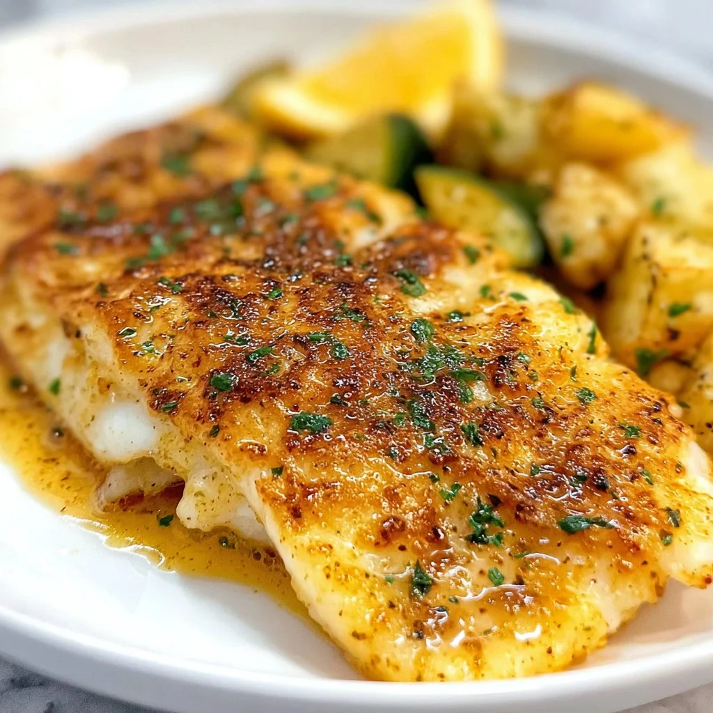 Delicious baked orange roughy served on a plate with lemon and herbs