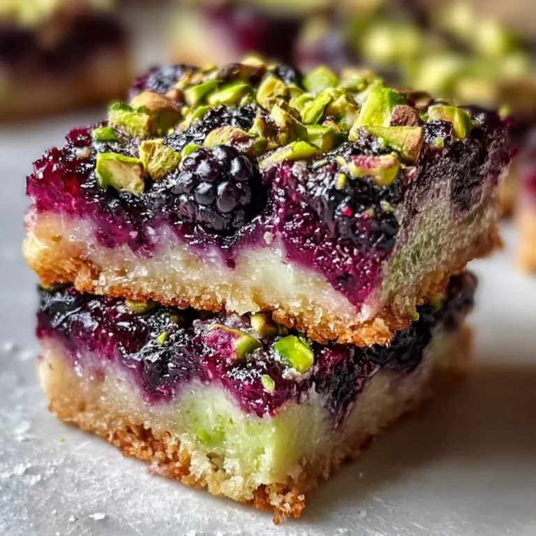Delicious Blackberry Pistachio Dream Bars topped with fresh berries and nuts