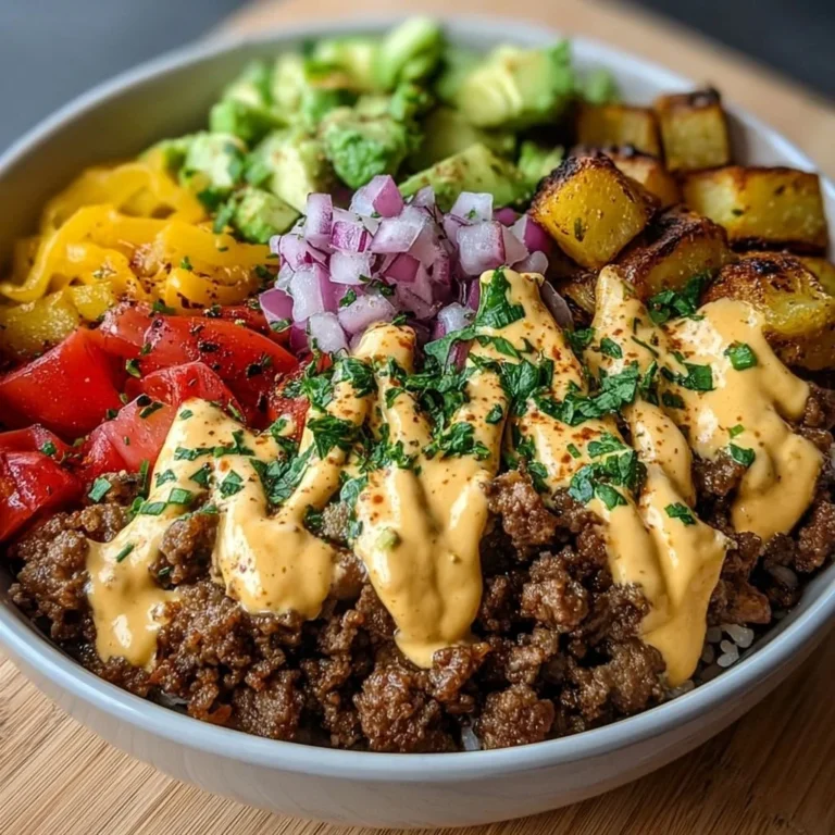 Healthy burger bowl with fresh ingredients and toppings.