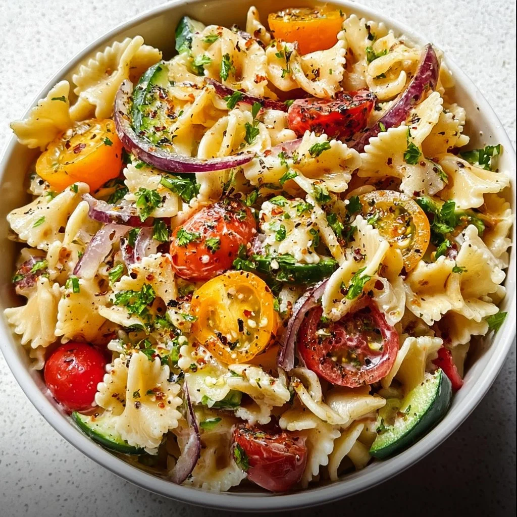 Colorful California Pasta Salad with fresh vegetables and dressing