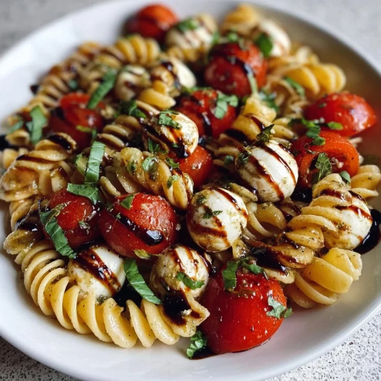 Delicious Caprese Pasta Salad with Balsamic Glaze served in a bowl.
