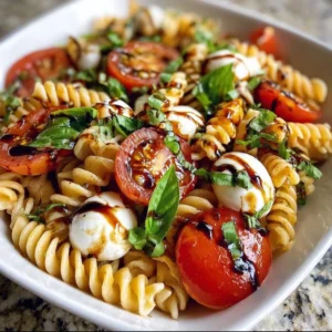 Caprese Pasta Salad with fresh mozzarella, tomatoes, basil, and balsamic glaze