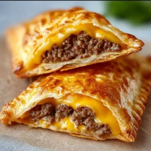 Cheeseburger pockets filled with ground beef, cheese, and spices, perfect for snacks.
