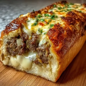 Cheesesteak stuffed loaf with garlic bread, filled with steak and cheese