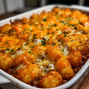 Delicious Chili Cheese Tater Tot Casserole with cheese and chili toppings