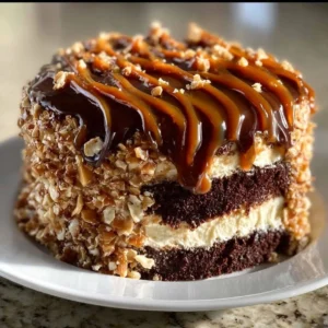 Chocolate Caramel Toffee Crunch Cake with layers of toffee and caramel topping