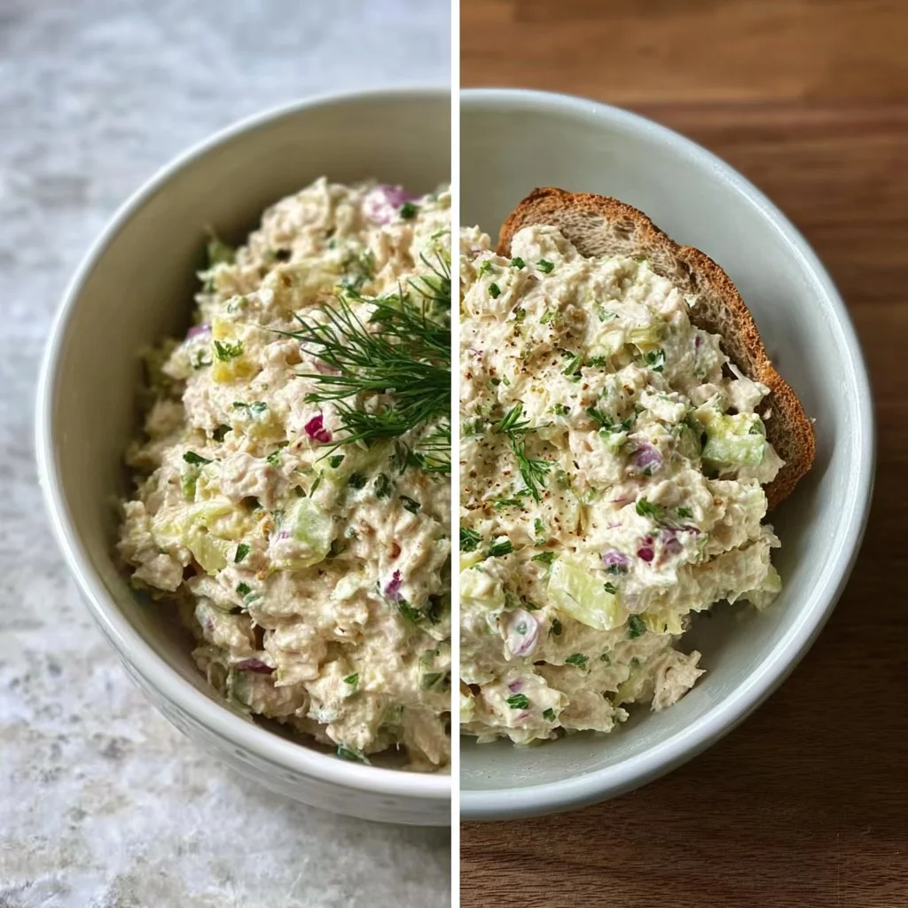 A bowl of Cottage Cheese Tuna Salad garnished with herbs and vegetables.