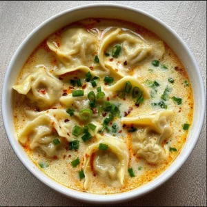 Bowl of creamy Thai dumpling soup garnished with herbs and spices.