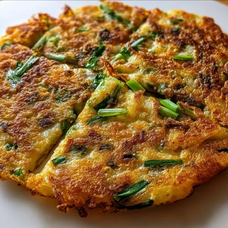 Crispy Korean Spring Onion Pancake served on a plate with dipping sauce.