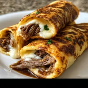 Delicious French dip tortilla roll ups served on a plate with dipping sauce
