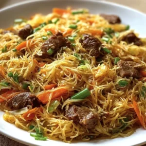 Delicious Filipino Pancit with Beef served in a bowl