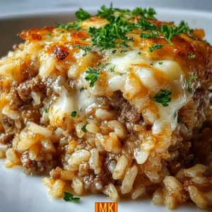 Delicious French onion ground beef and rice casserole in a baking dish