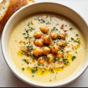 Bowl of Garlic Chickpea Soup garnished with fresh herbs