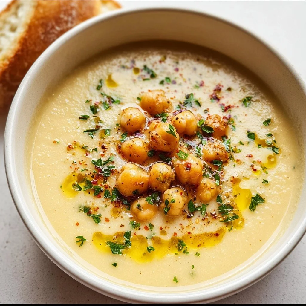 Bowl of Garlic Chickpea Soup garnished with fresh herbs