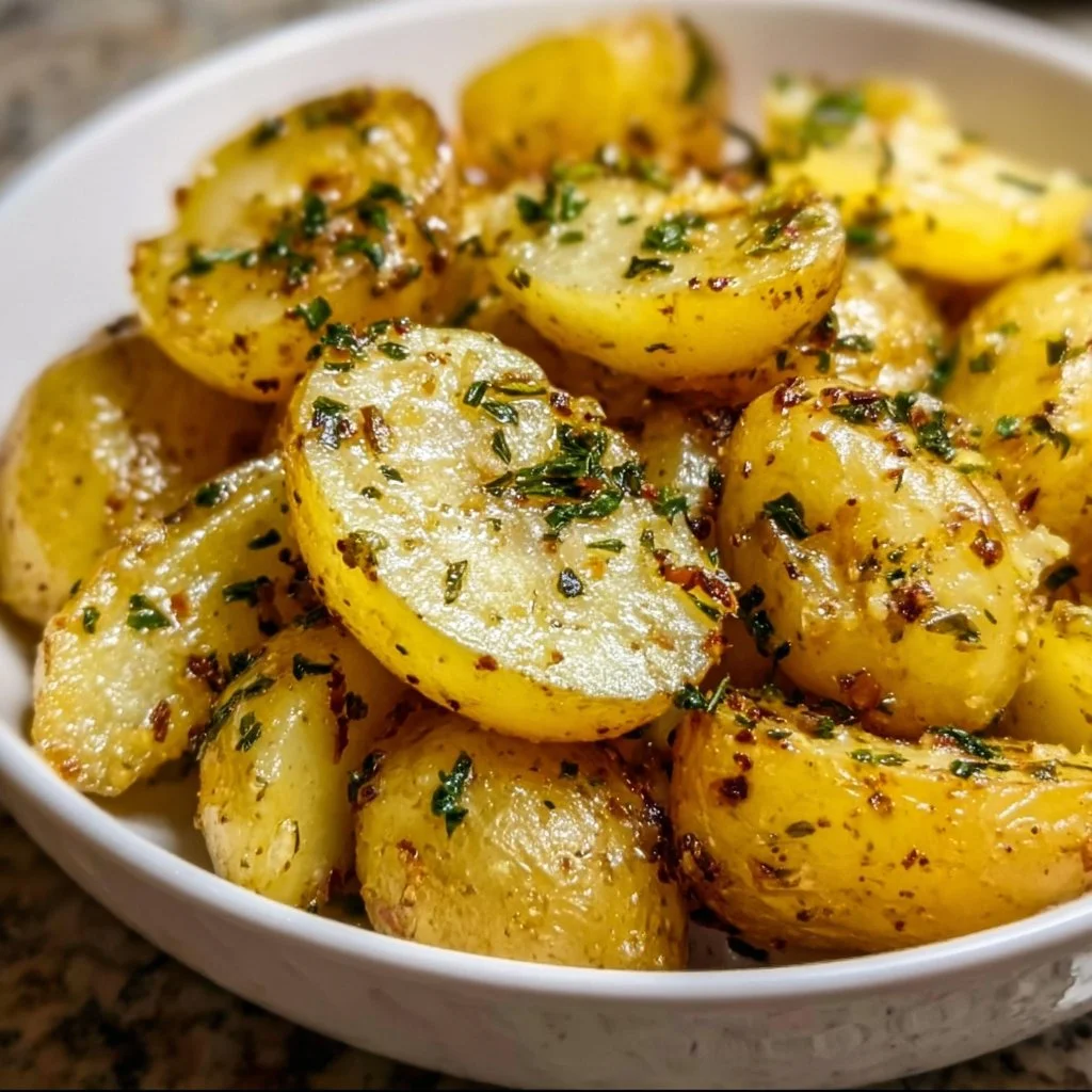 Delicious Greek-style lemon potatoes garnished with herbs
