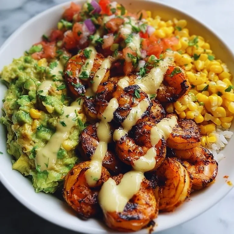 Delicious grilled shrimp bowl with avocado, corn salsa, and creamy garlic sauce