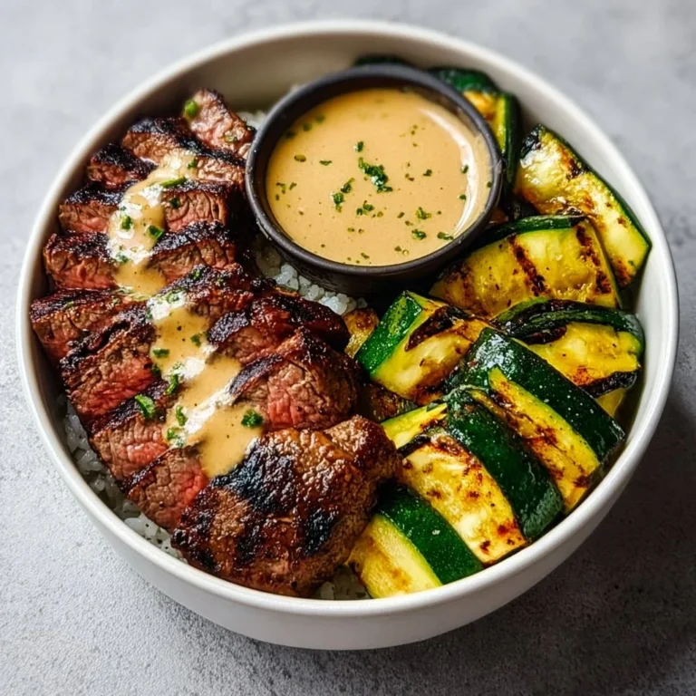 Grilled steak bowl with sauce and grilled zucchini served in a vibrant dish