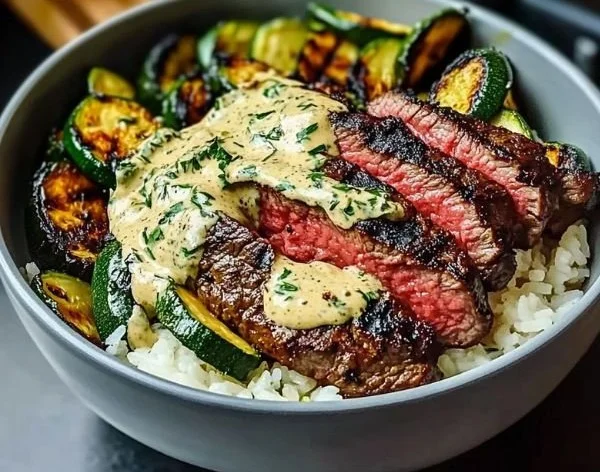 Grilled Steak Bowl with Sauce & Grilled Zucchini Bliss