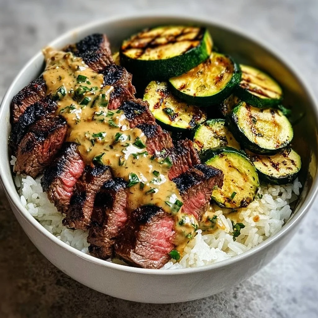 Grilled Steak Bowl with Sauce & Grilled Zucchini Bliss