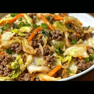 Ground beef and cabbage stir fry in a skillet