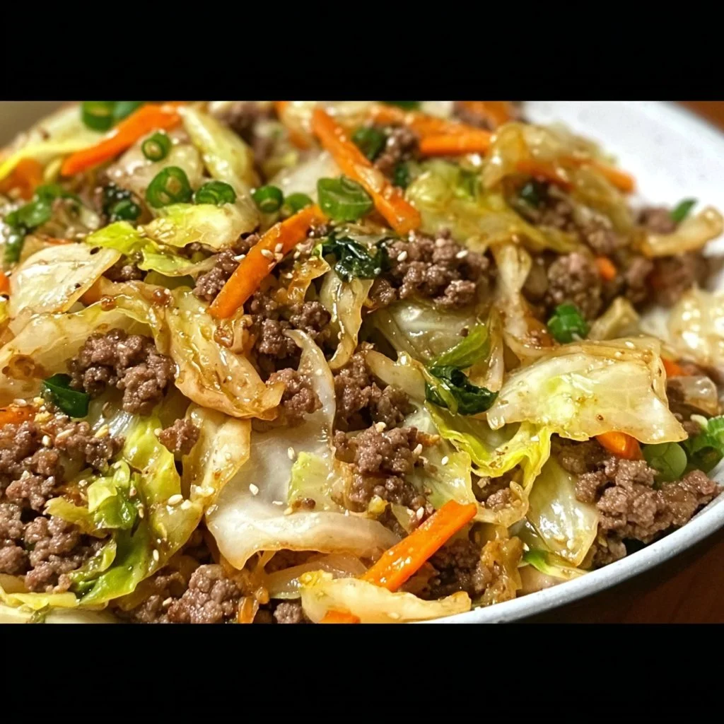 Ground beef and cabbage stir fry in a skillet