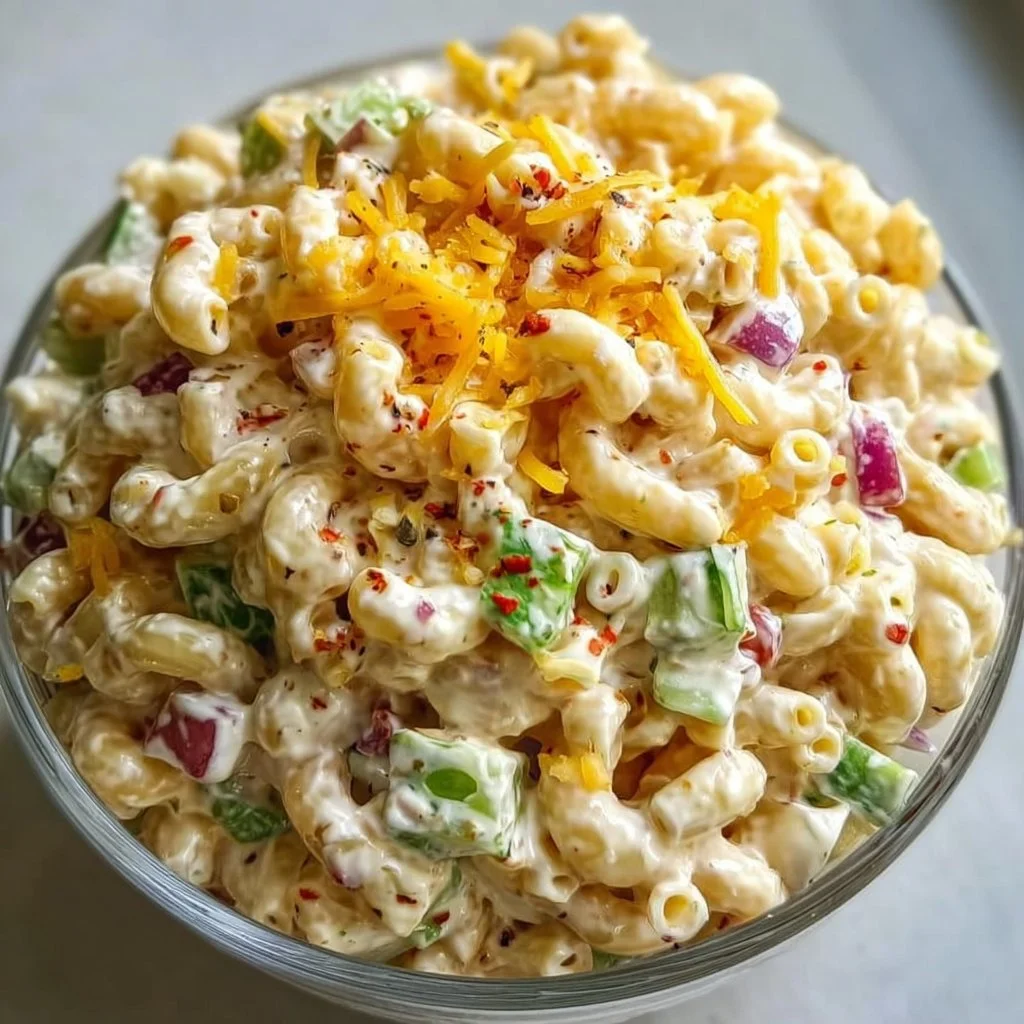 Guy Fieri's delicious and colorful macaroni salad served in a bowl.
