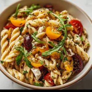 A colorful bowl of fresh Harvest Pasta Salad with seasonal vegetables