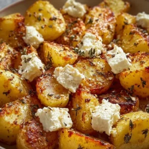 Healthy baked feta potatoes topped with herbs and spices for a tasty side dish.