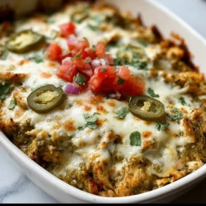 Healthy salsa verde chicken casserole topped with fresh cilantro and cheese