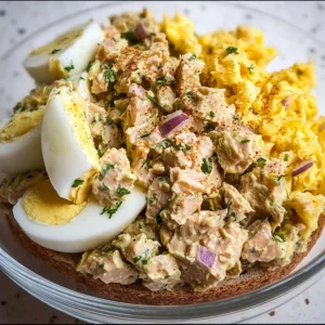 Healthy tuna egg salad with fresh ingredients and garnishes