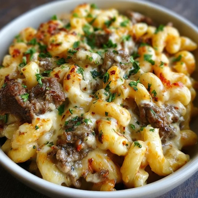 High-protein creamy Philly cheesesteak mac and cheese topped with melted cheese.