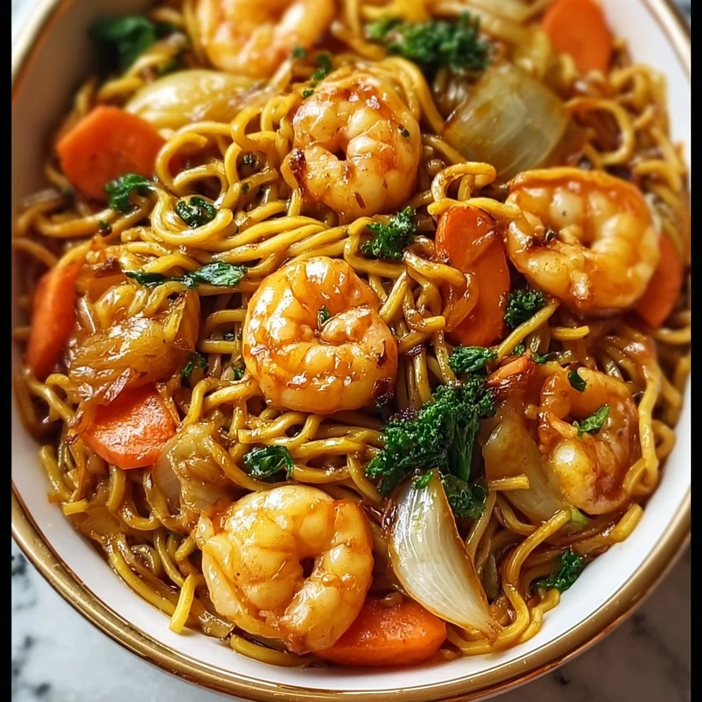 Delicious Honey-Garlic Shrimp Chow Mein served in a bowl with fresh vegetables